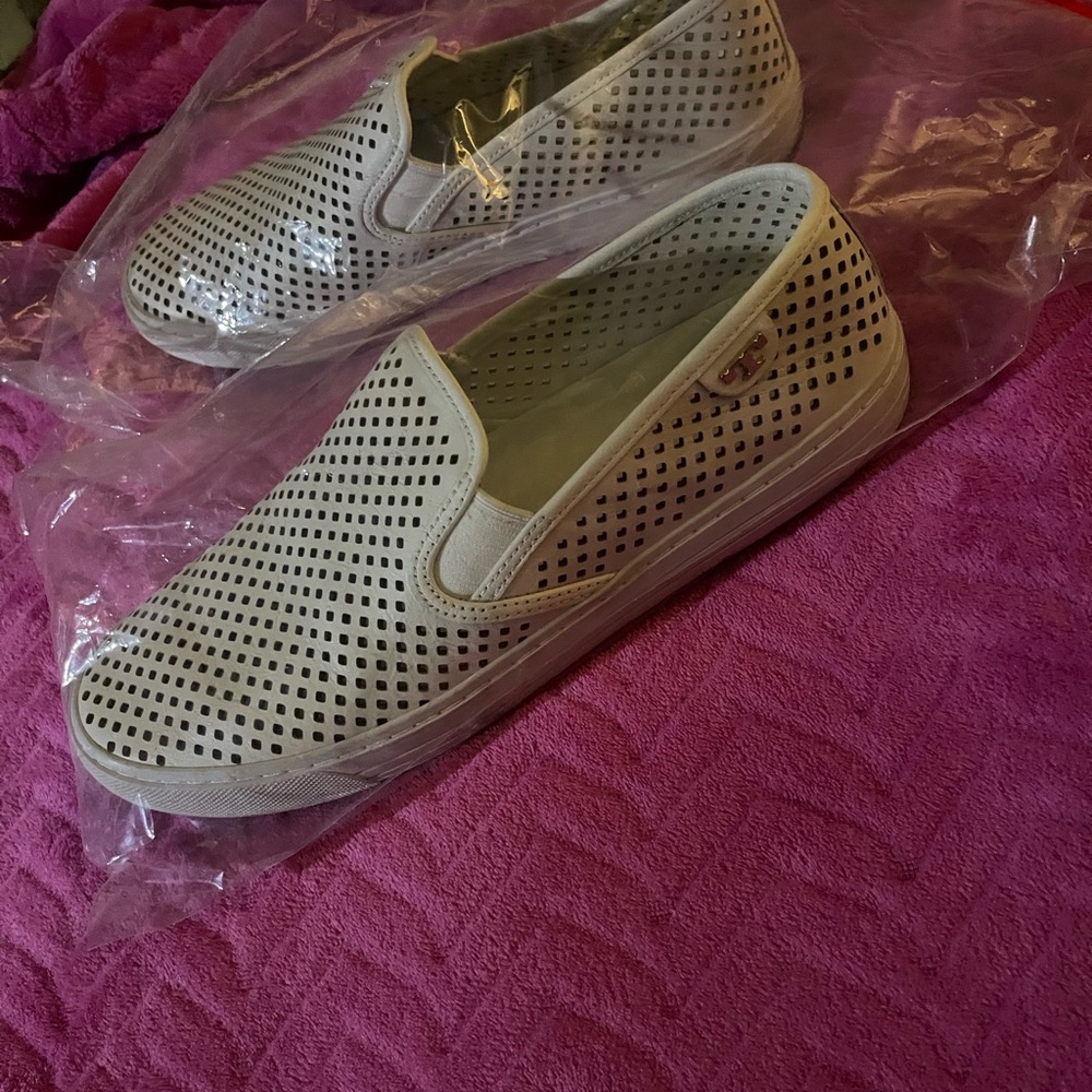 Perforated Slip-On Sneakers in Light Beige